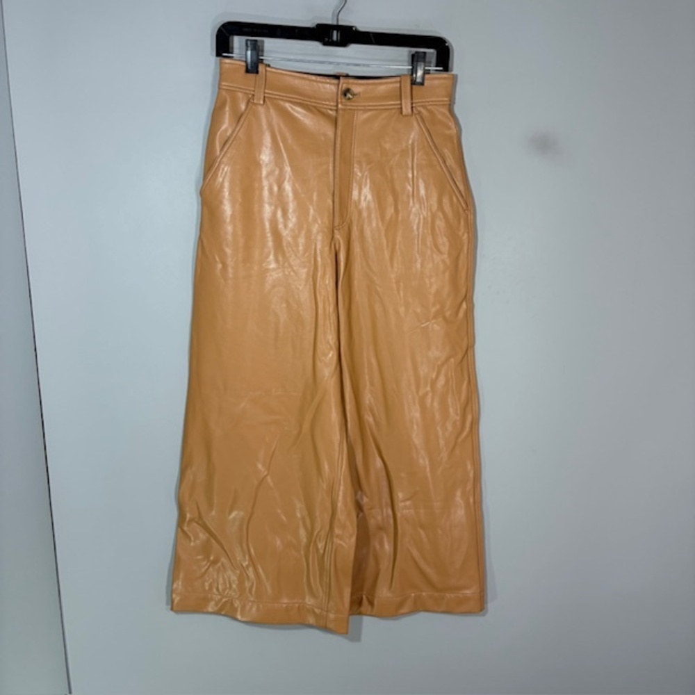 A.L.C. Dress Pants Womens 4 Beige Faux Leather Wide Leg Zip Pockets Stretch